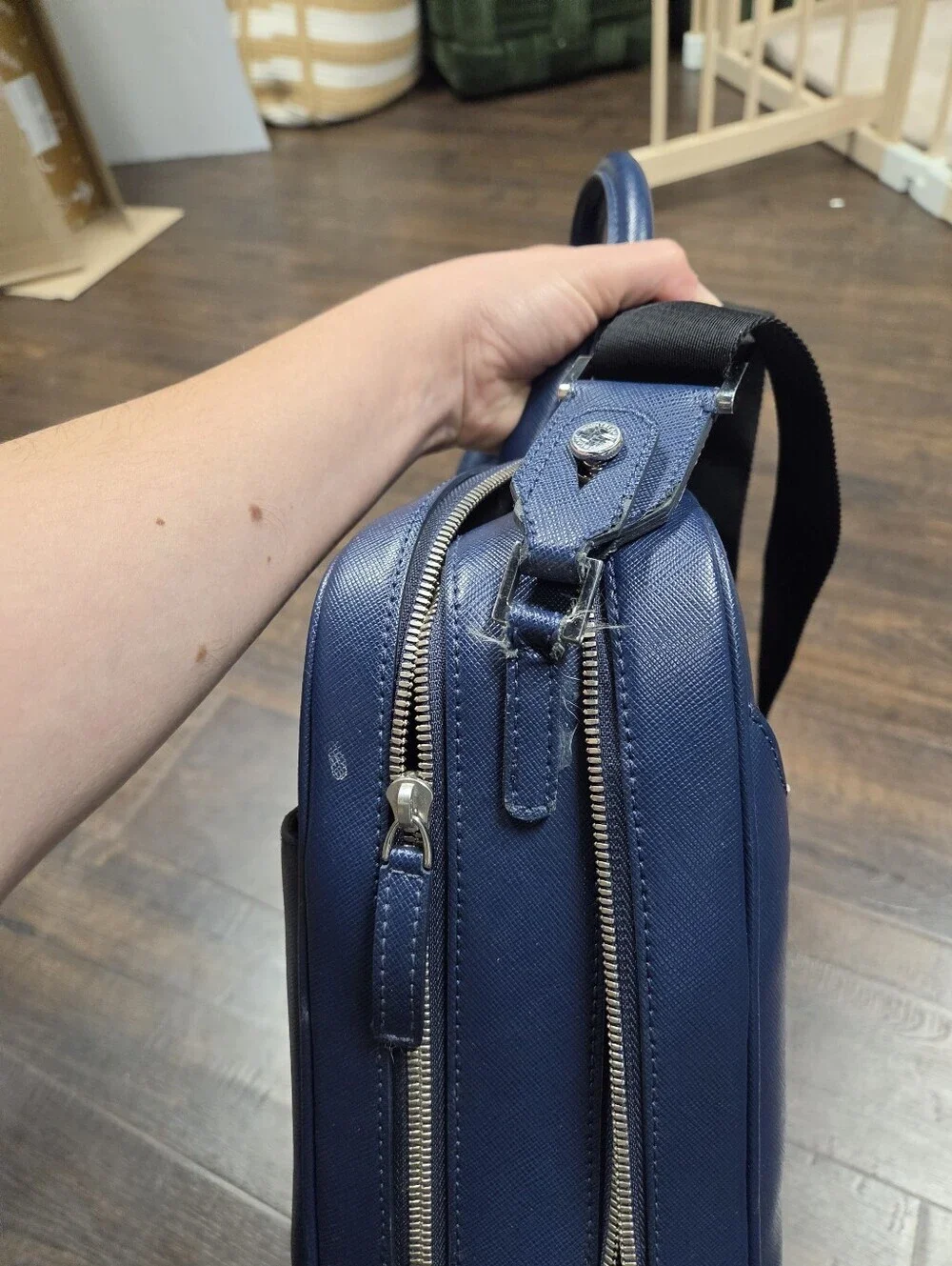 Montblanc Sartorial Large Leather Briefcase Double Zip Document Case Blue Navy